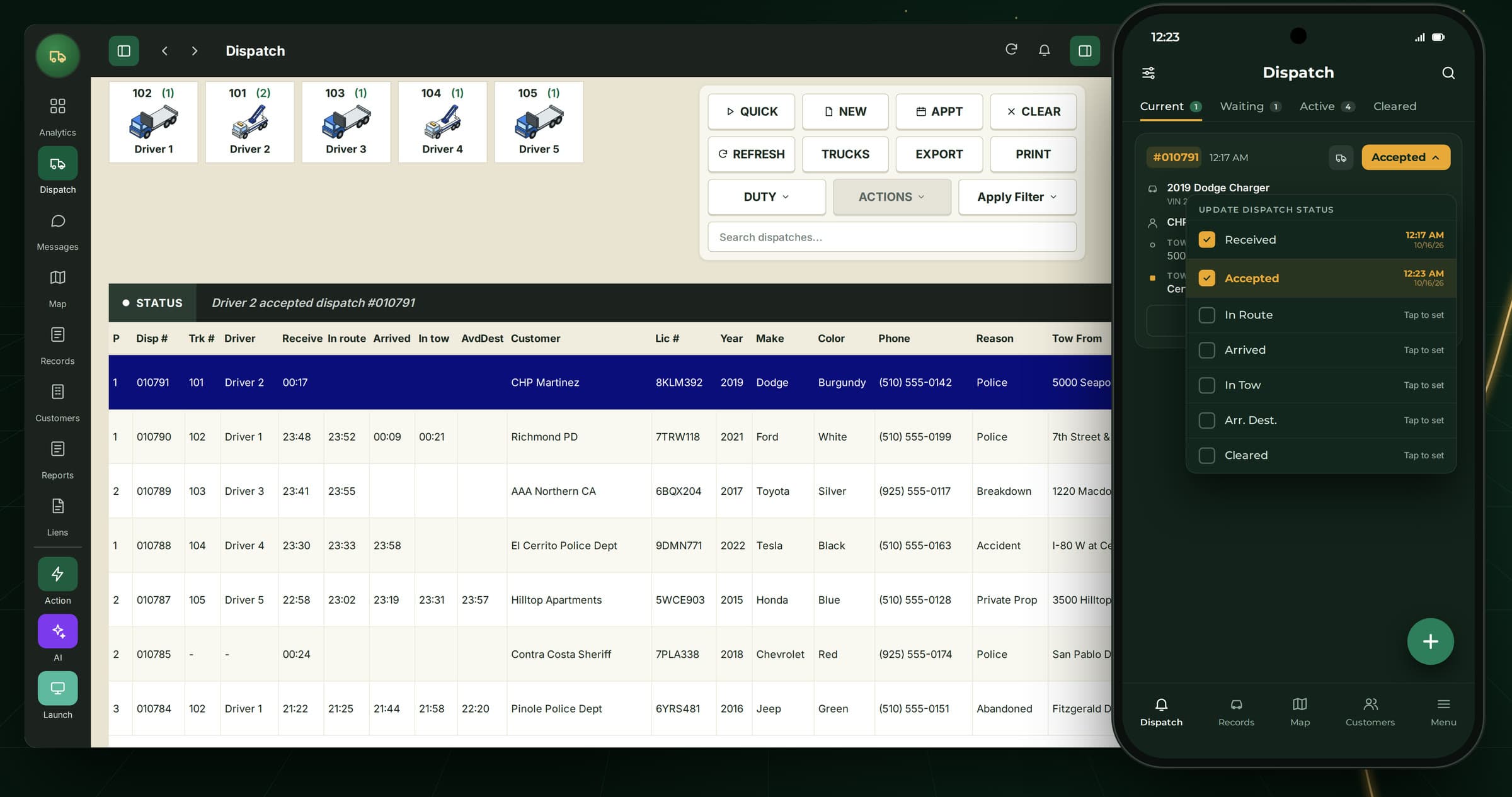 FoxTow dispatch board with trucks, quick actions and the call table, beside the driver app’s dispatch status menu