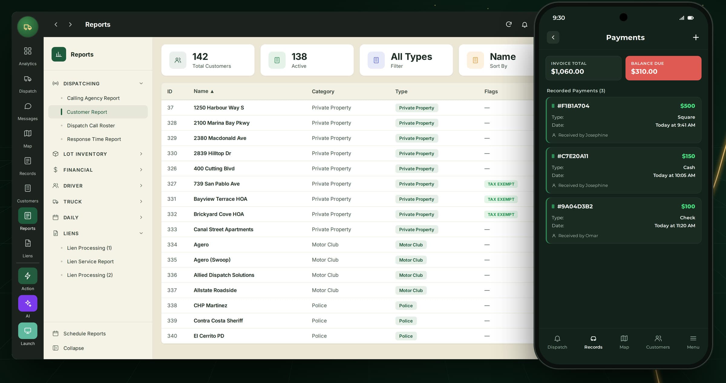FoxTow Reports screen with the customer report table beside the app’s Payments screen with invoice total, balance due and recorded payments