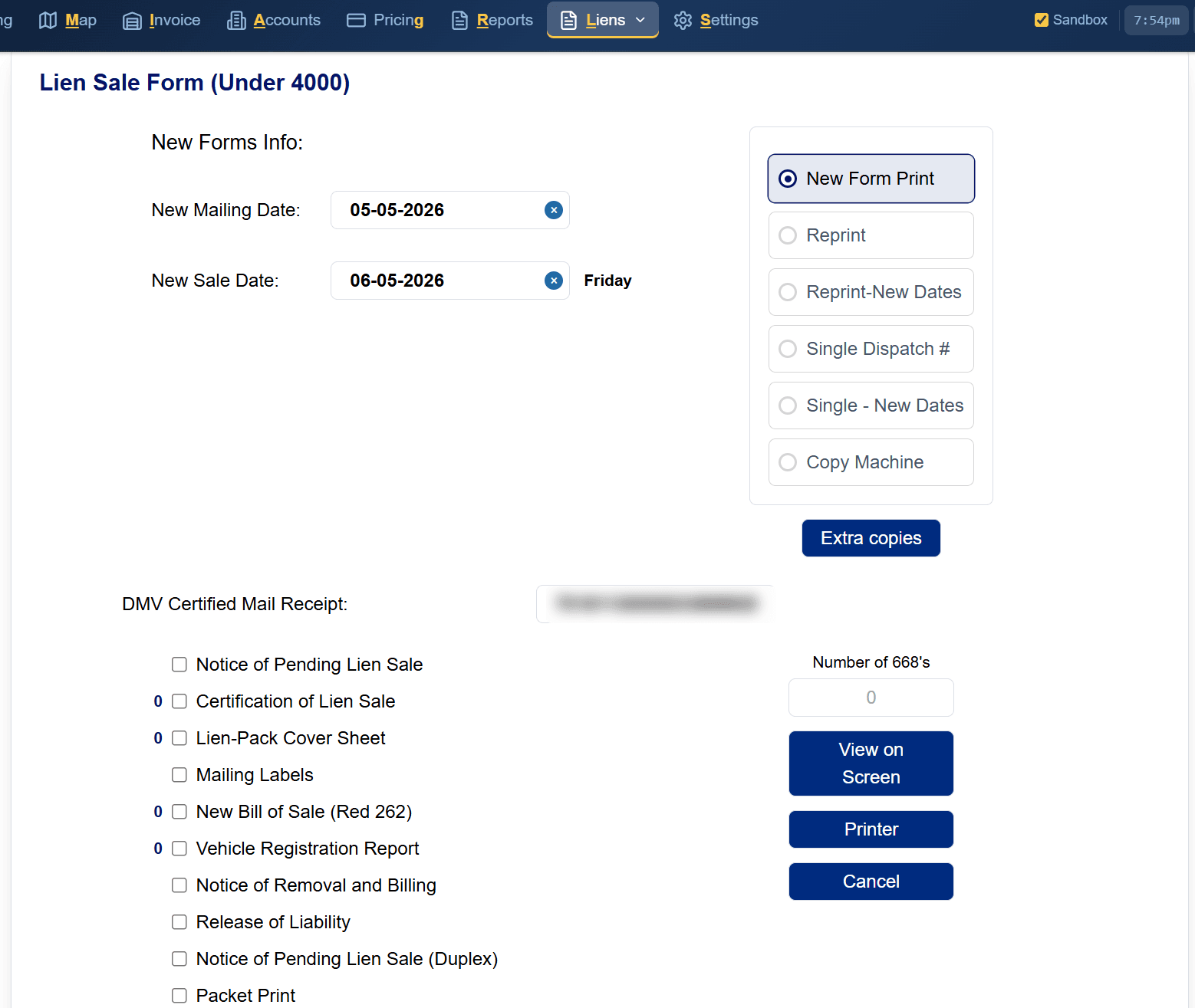 Lien Sale Form (Under 4000) screen with mailing and sale dates, form type options, DMV certified mail receipt and the list of forms