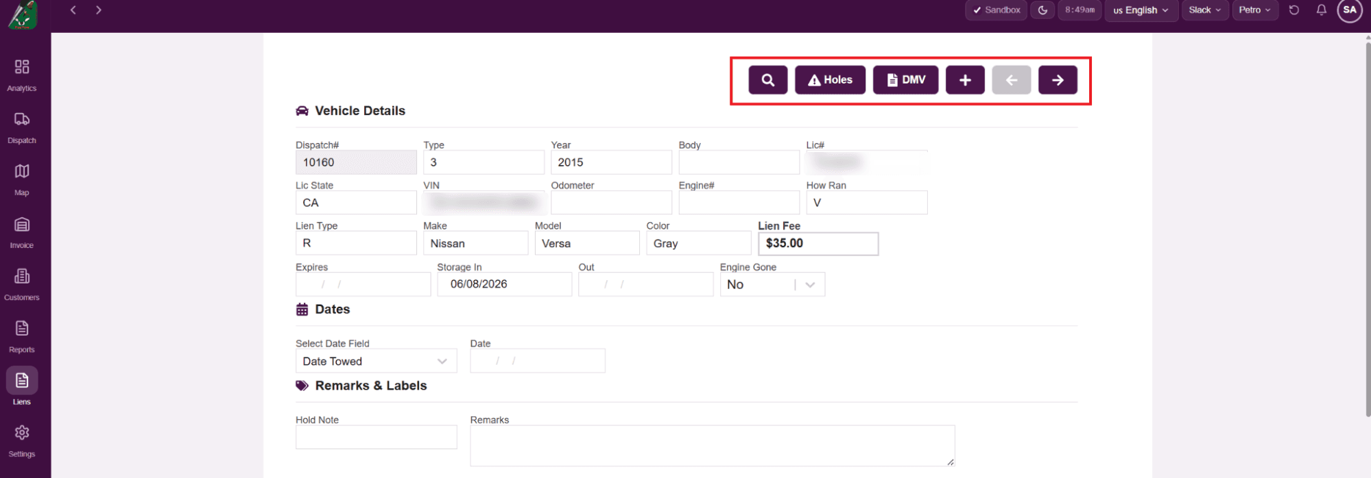 FoxTow lien record showing Vehicle Details with the Search, Holes, DMV, New and Previous/Next toolbar highlighted