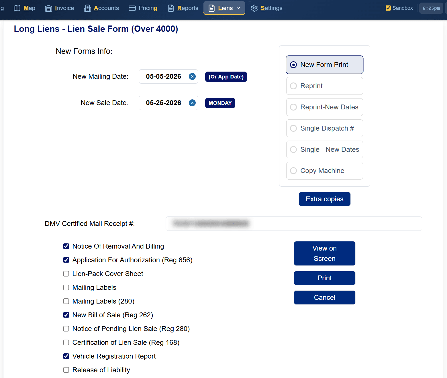 Lien Sale Form (Over 4000) screen with mailing and sale dates, form type options and the list of DMV forms including Reg 656, Reg 280, Reg 168 and Reg 262
