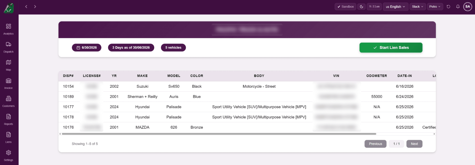 Report of vehicles that qualify for a lien sale, with the vehicle count and a green Start Lien Sales button