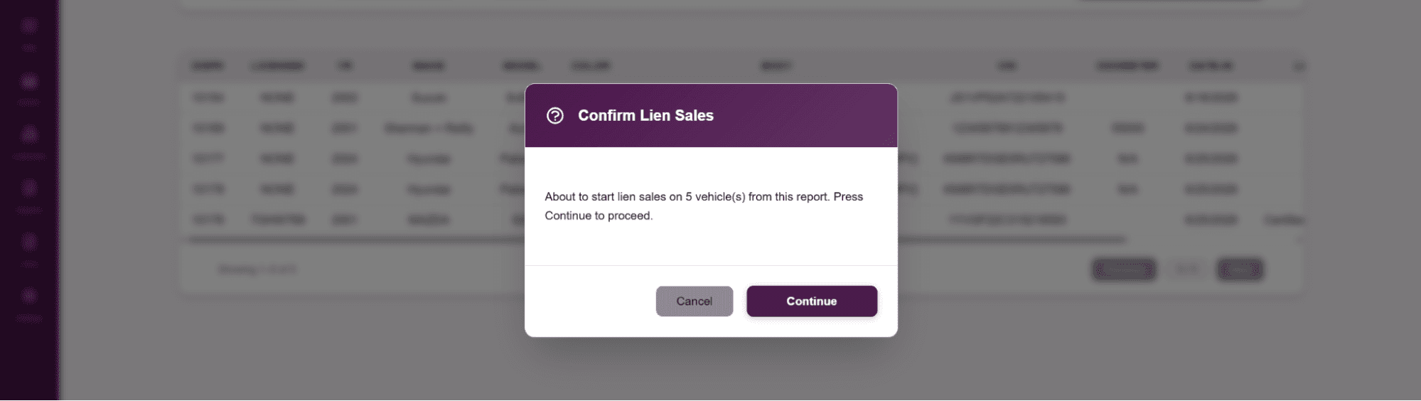 Confirm Lien Sales popup asking to start lien sales on 5 vehicles, with Cancel and Continue buttons