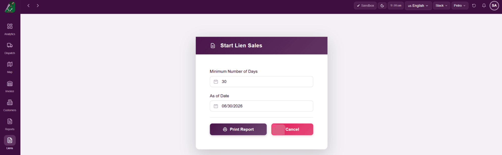 Start Lien Sales window with Minimum Number of Days set to 30, an As of Date, and Print Report and Cancel buttons