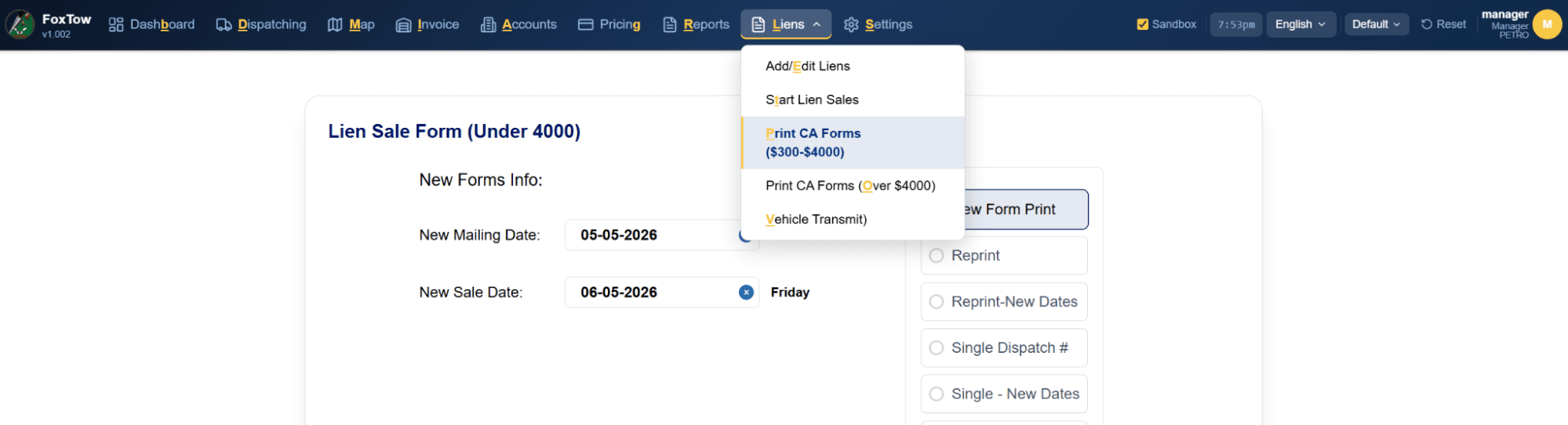 FoxTow Liens menu with Print CA Forms ($300–$4000) selected