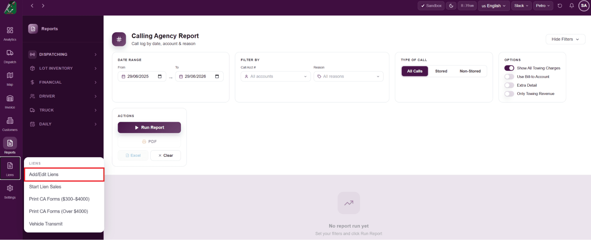 FoxTow Liens menu showing Add/Edit Liens, Start Lien Sales, Print CA Forms ($300–$4000), Print CA Forms (Over $4000) and Vehicle Transmit