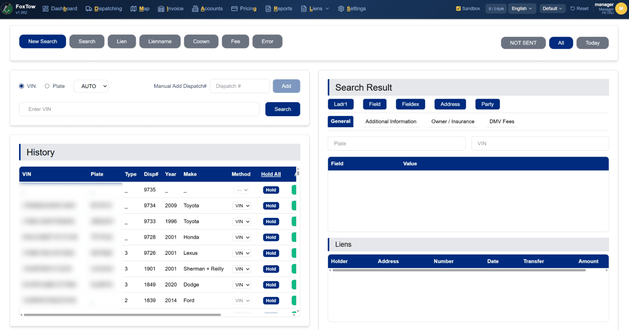 Vehicle Transmit screen with VIN or Plate search, the History table and the Search Result panel