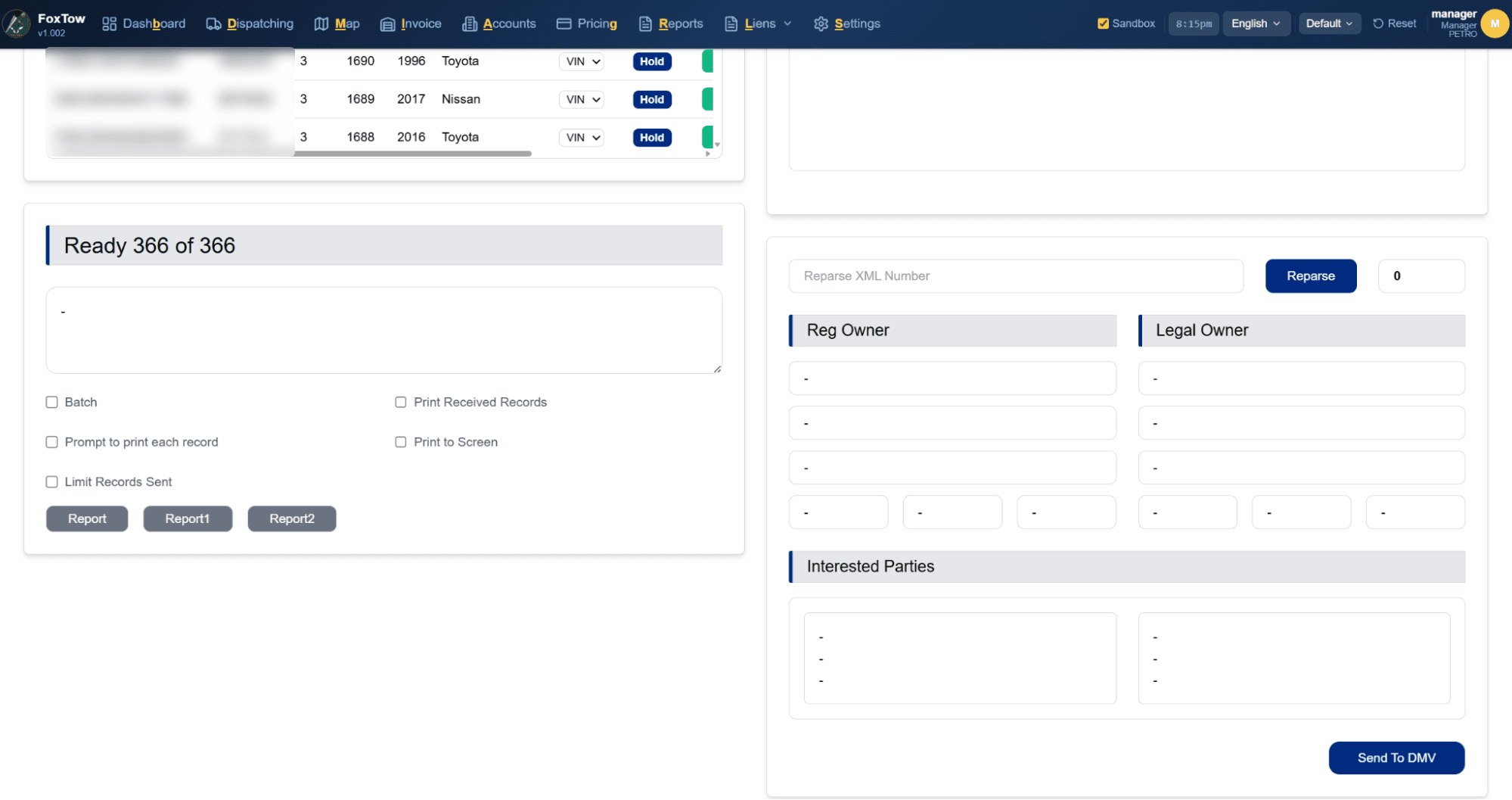 Vehicle Transmit Ready section with Batch and print options, Reg Owner, Legal Owner and Interested Parties sections, and the Send To DMV button