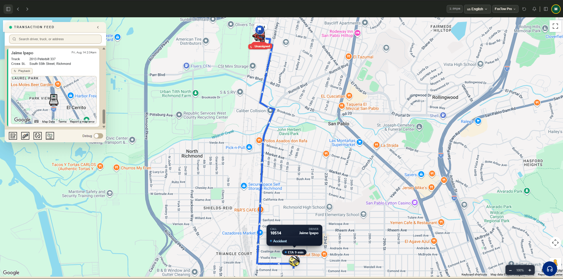 The FoxTow Pro dispatch console: a transaction feed listing driver Jaime Ipapo and truck 2013 Peterbilt 337 sits over a live map of Richmond and San Pablo, California, with a highlighted route from an unassigned call to a tow truck showing a nine-minute ETA.