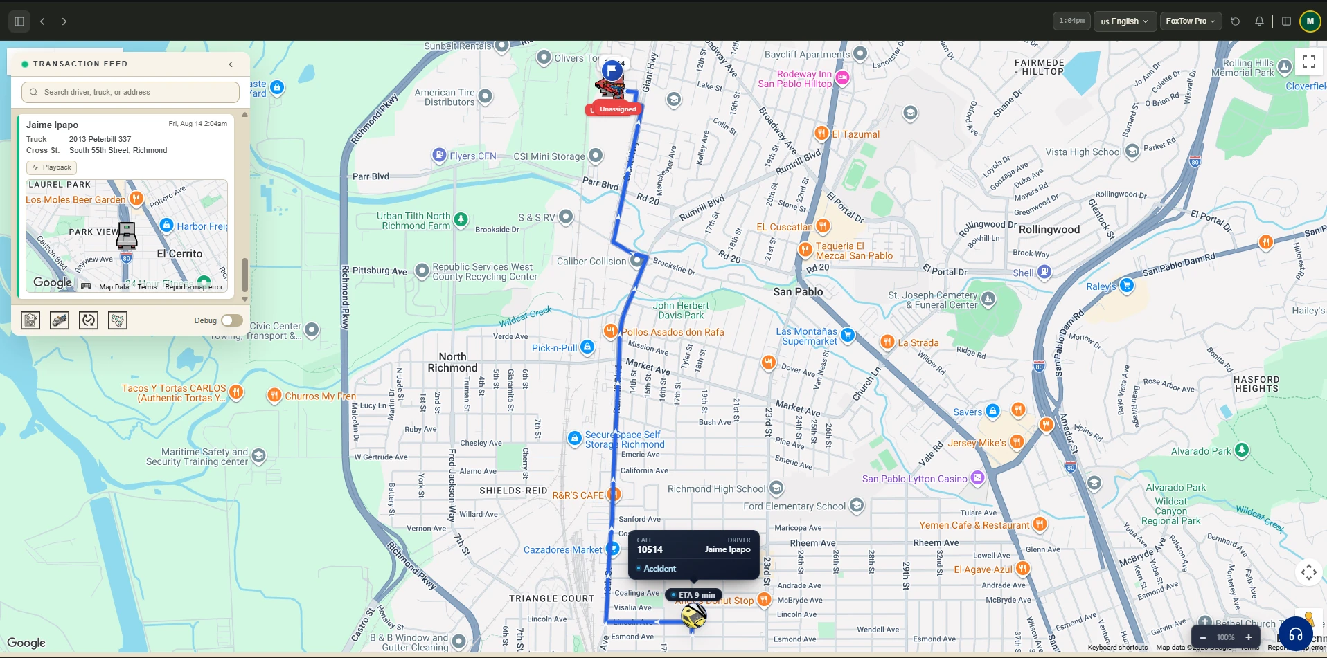The FoxTow Pro dispatch console: a transaction feed listing a driver and truck sits beside a live map with a highlighted route from an unassigned call to a tow truck showing a nine-minute ETA.