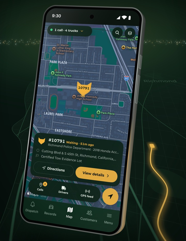 FoxTow mobile map showing an open call marker with the call details, a Directions button, and Calls, Drivers, and GPS feed views.